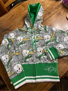 LOT 29 Tweety Green Graphic Zip-Up Hoodie for Kids Sweet Print SZ large